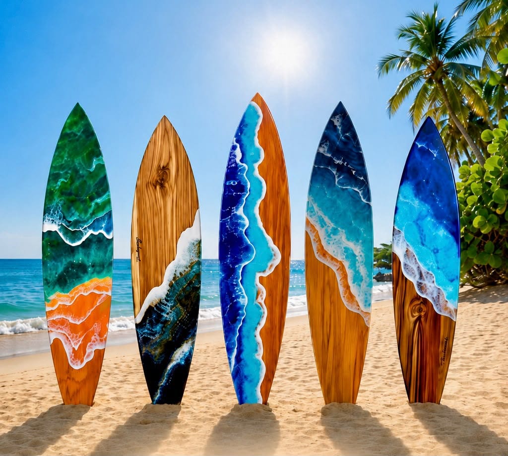 Cinco tablas de surf con olas de resina paradas en la arena en una playa soleada